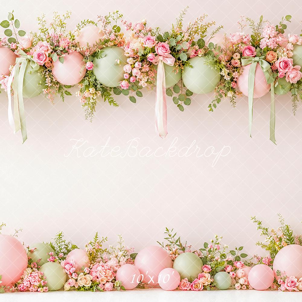 Kate Spring Pastel Floral Balloon Garland Ribbons Bows Printed Backdrop Designed by Angela Miller