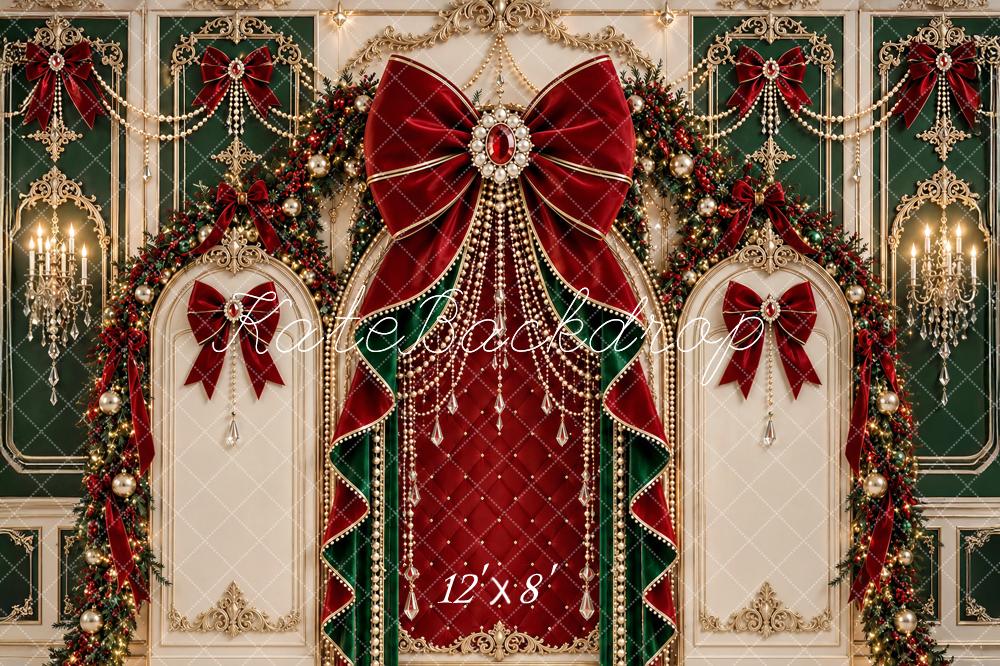 Kate Christmas Baroque Red Bow Wreath Ornate Printed Backdrop Designed by Ashley Paul