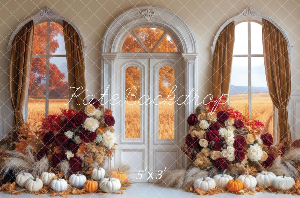 Fall Floral Arch Window Pumpkins Boho Backdrop Designed by Mini MakeBelieve