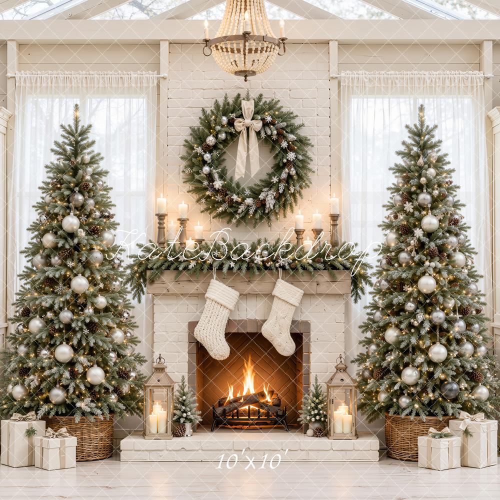 Kate Christmas Fireplace Christmas Trees Wreath White Cabinets Printed Backdrop Designed by Emetselch