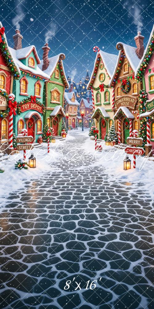 Kate Sweep Christmas Whimsical Snow Village Cobblestone Street Printed Backdrop Designed by Patty Roberts