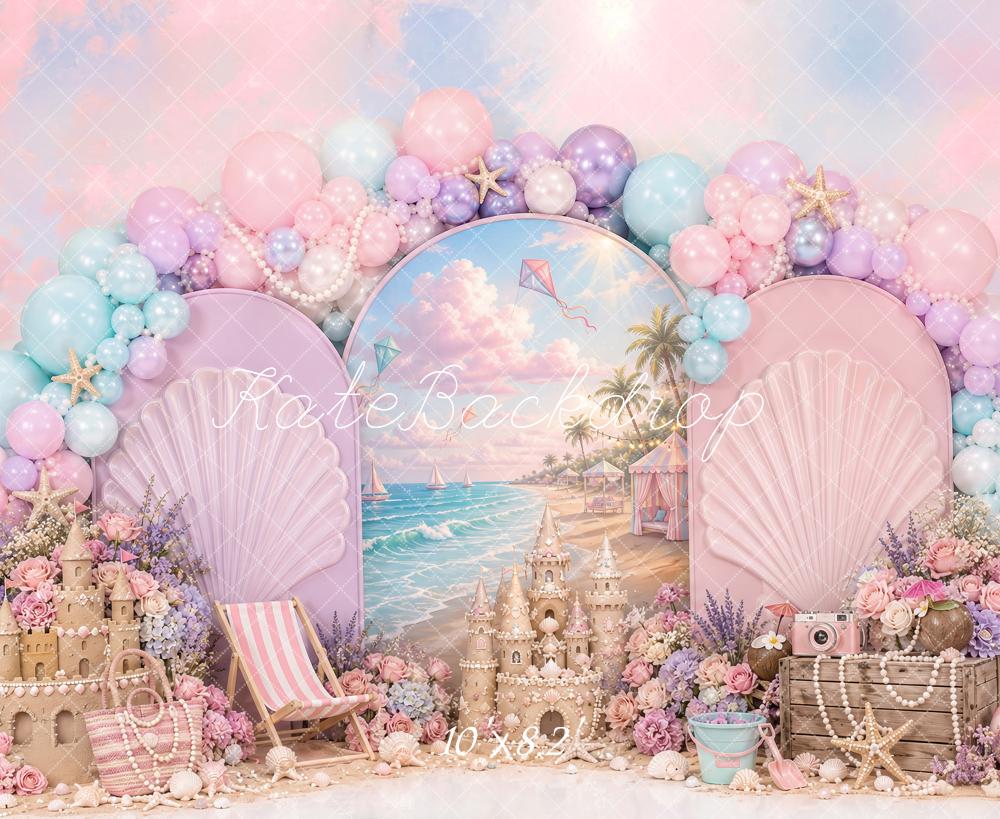 Kate Mermaid Pink Beach Shell Balloon Sandcastle Printed Backdrop Designed by Ashley Paul