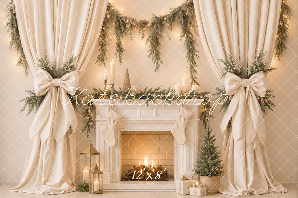 Kate Christmas Fireplace White Drapes Bow Garland Tree Printed Backdrop Designed by Emetselch