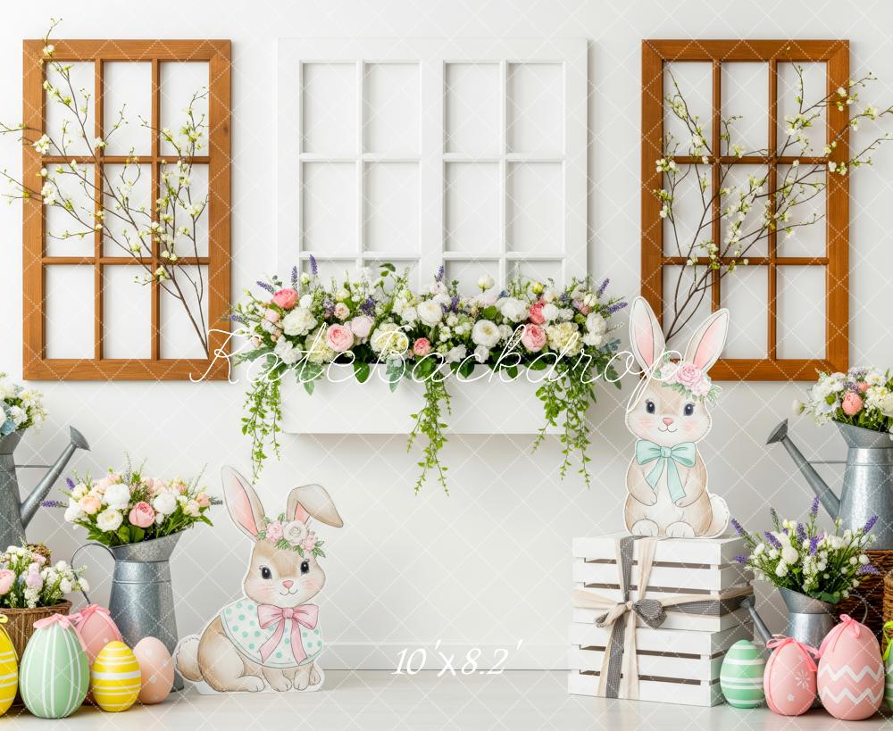 Kate Easter Bunny Flowers Eggs Watering Can Window Backdrop Designed by Patty Roberts