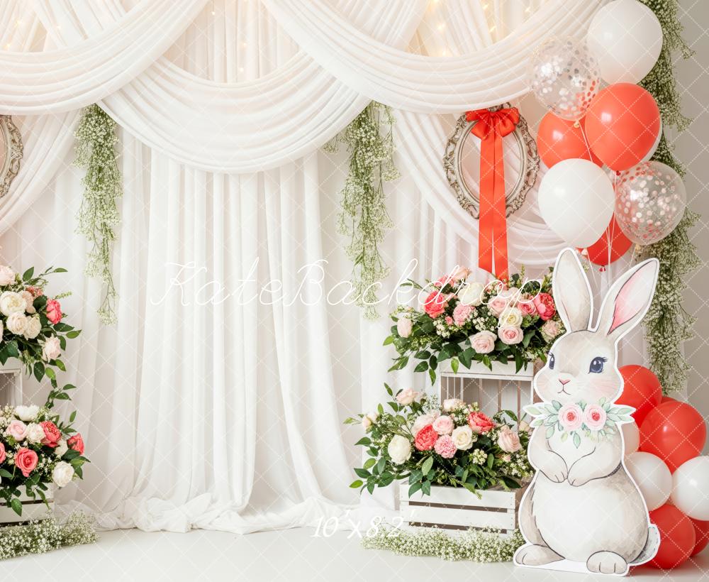 Kate Easter Bunny Balloons Floral White Drapes Backdrop Designed by Patty Roberts