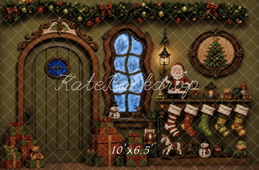 Kate Christmas Fantasy Green Fireplace Stockings Santa Gifts Printed Backdrop Designed by Vertigo Productions