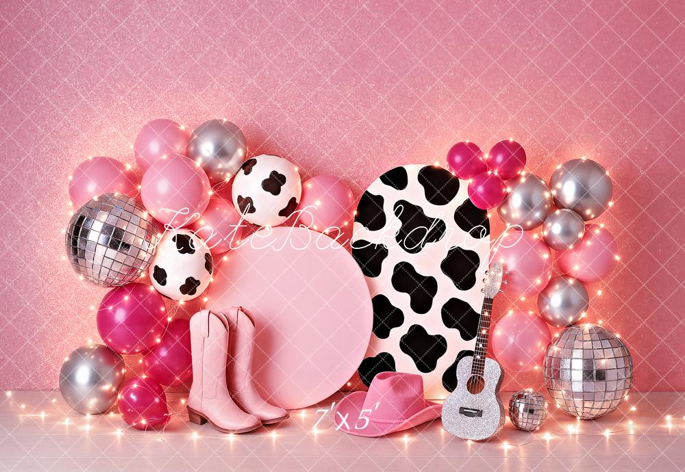 SALE Kate Birthday Cowgirl Pink Balloon Guitar Disco Backdrop Designed by Ashley Paul