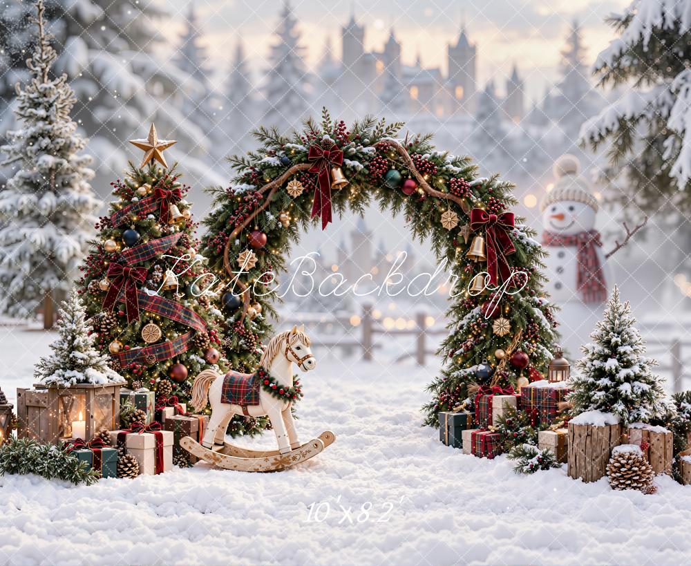 Kate Christmas Pine Arch Plaid Tree Rocking Horse Snowy Village Printed Backdrop Designed by Emetselch