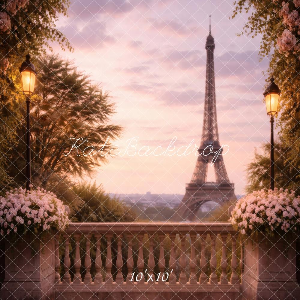 Kate Paris Balcony Eiffel Tower Flowers Sunset Printed Backdrop Designed by Vertigo Productions