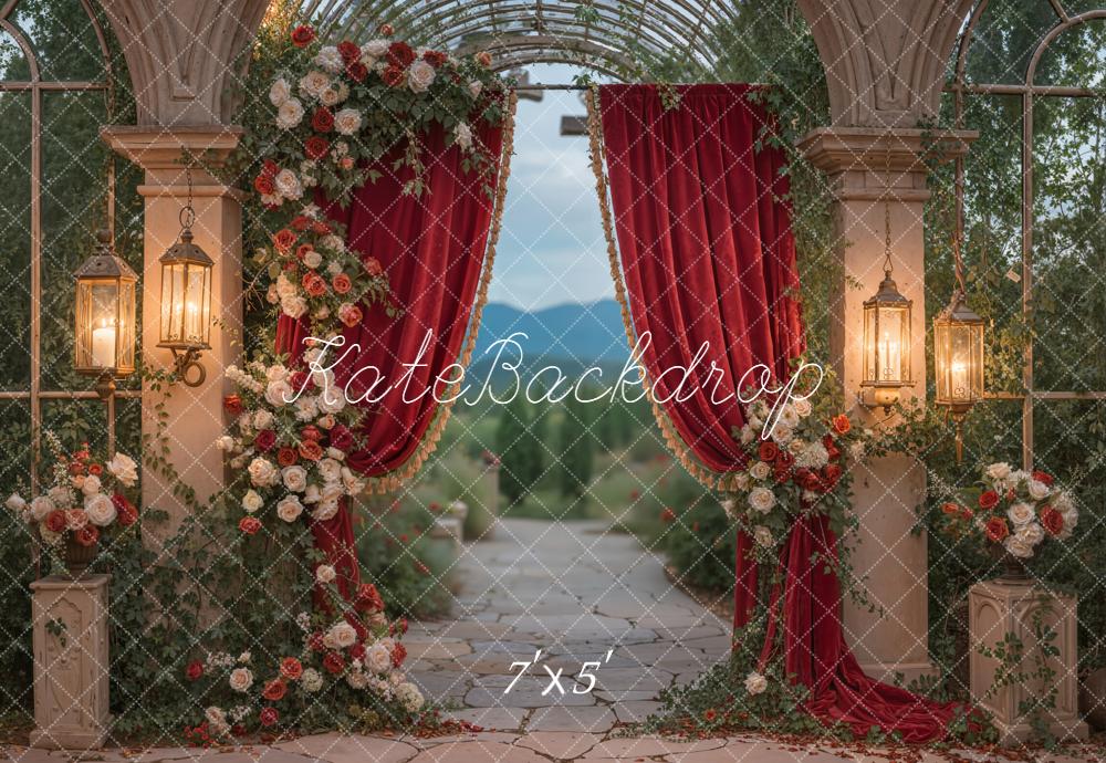 Kate Red Curtain Flower Arch Lantern Garden Backdrop Designed by Emetselch