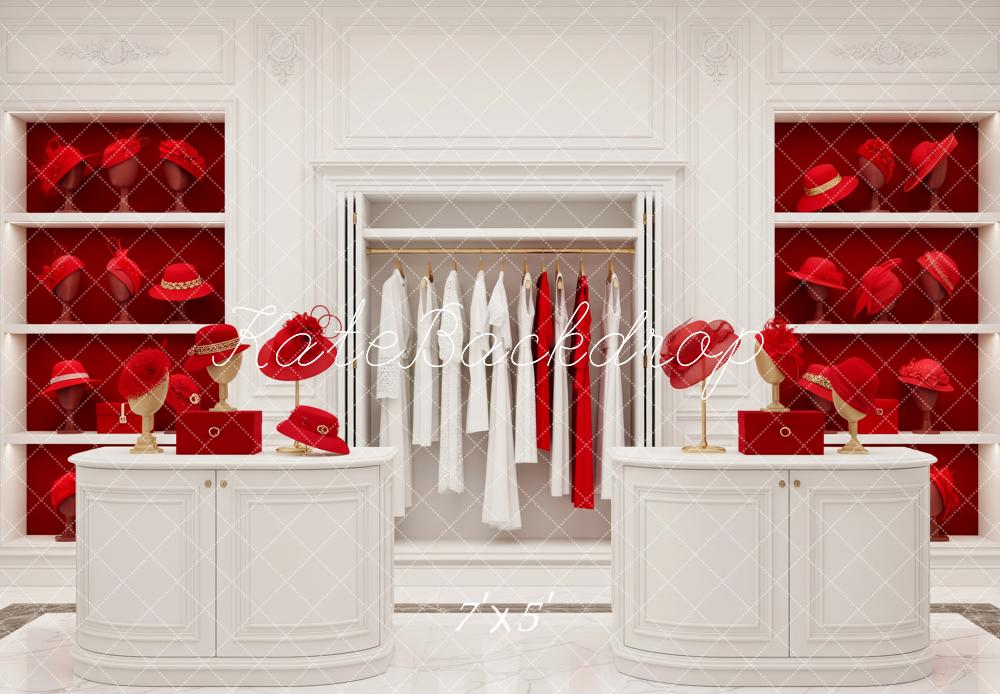 Kate Red Hat Boutique White Cabinets and Wardrobe Backdrop Designed by Patty Roberts