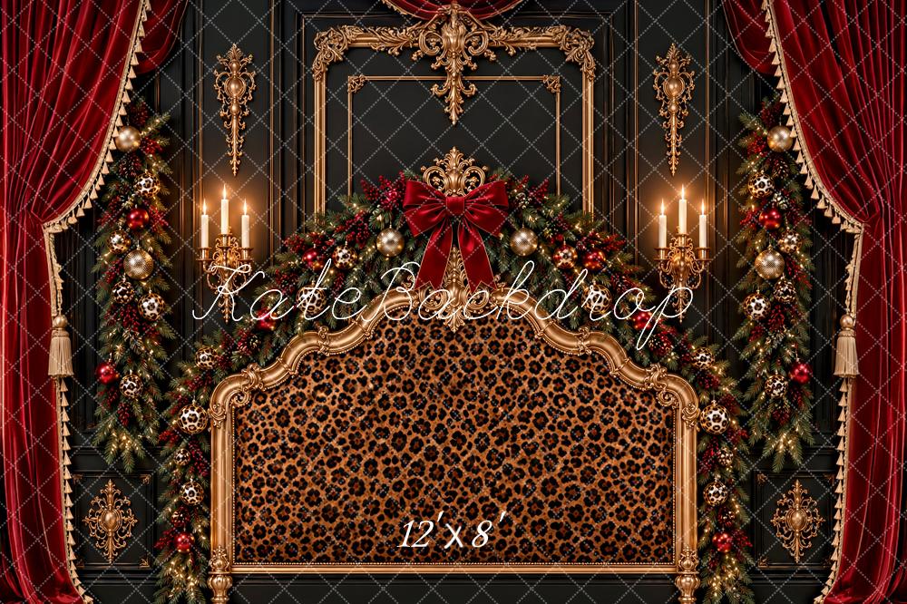 Kate Christmas Leopard Print Headboard Red Curtain Ornate Frame Printed Backdrop Designed by Ashley Paul
