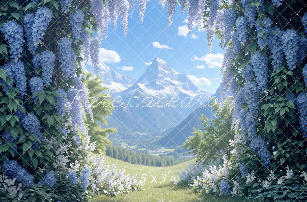 Kate Summer Blue Wisteria Flower Arch Mountain Landscape Printed Backdrop Designed by Mini MakeBelieve