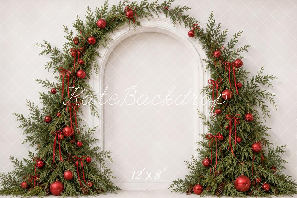 Kate Christmas Evergreen Garland Arch Red Bow Ribbon Printed Backdrop Designed by Emetselch