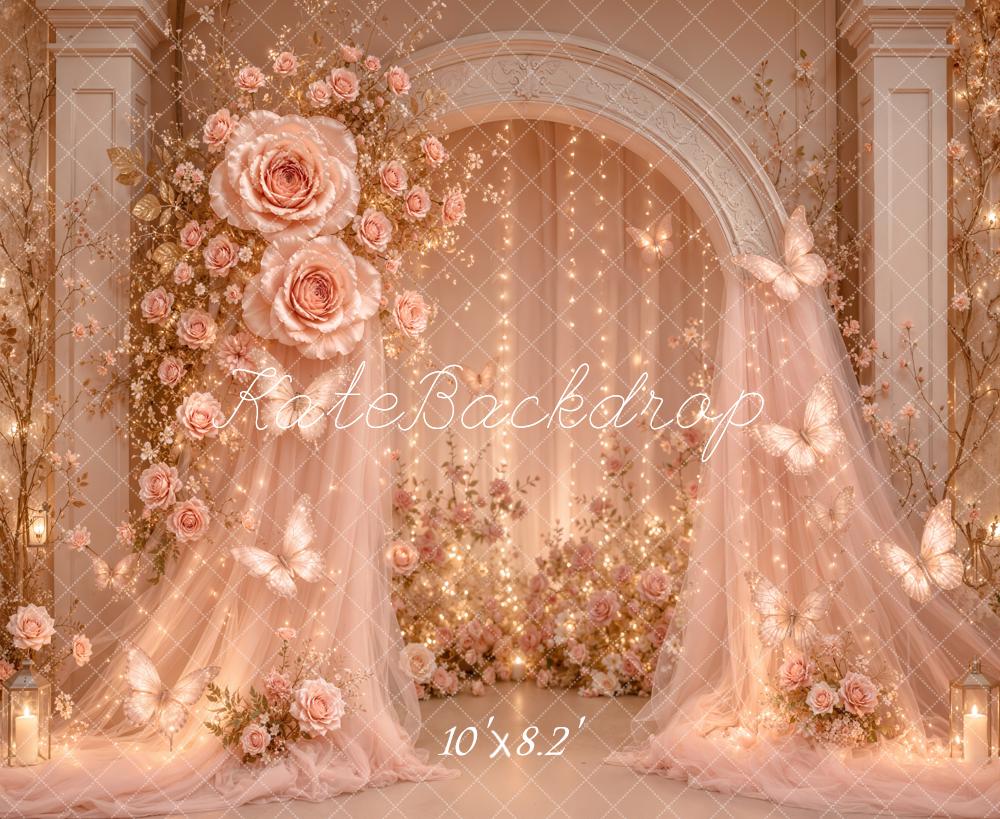 Kate Fairy Rose Arch Pink Drapes Butterflies Lights Printed Backdrop Designed by Emetselch