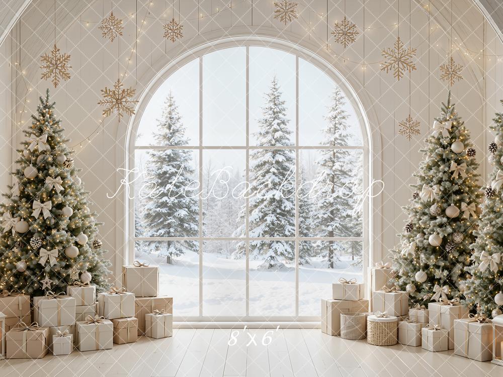 Kate Christmas Trees Snowy Arched Window Snowflakes Presents Printed Backdrop Designed by Emetselch