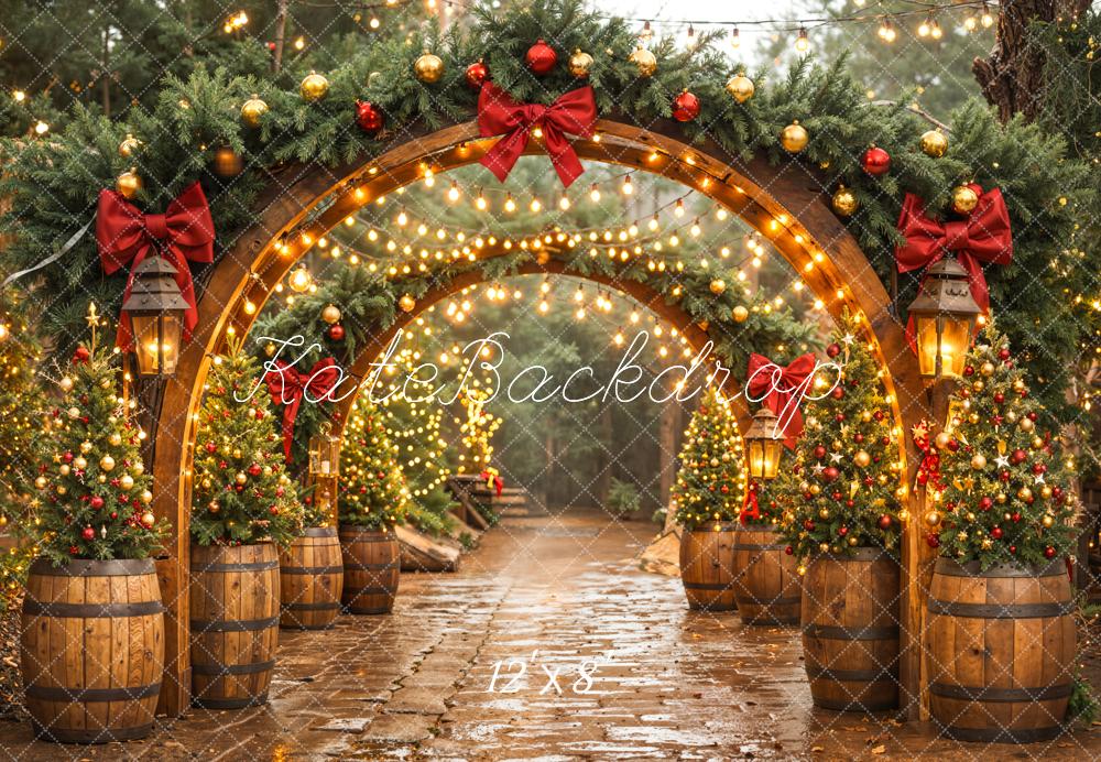 Kate Christmas Wood Arch Garland Barrel Trees Backdrop Designed by Emetselch