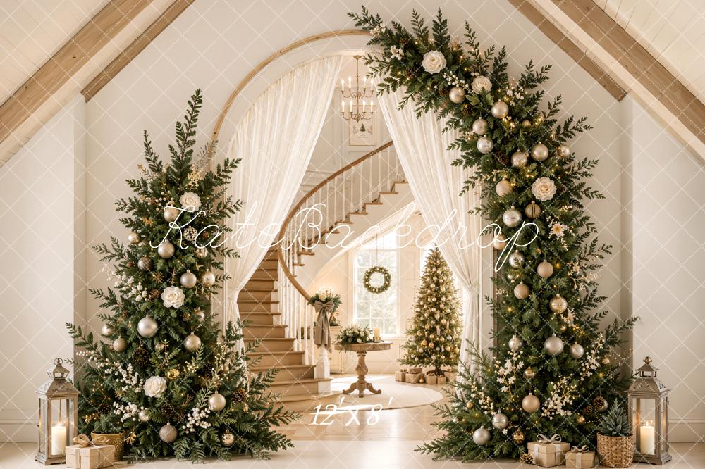 Kate Christmas Tree Arch Staircase Elegant Foyer Gable Roof Printed Backdrop Designed by Emetselch
