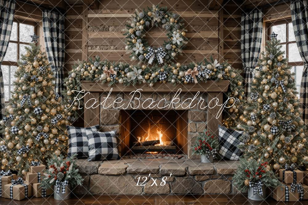 Kate Christmas Stone Fireplace Buffalo Plaid Christmas Tree Wreath Garland Printed Backdrop Designed by Mini MakeBelieve
