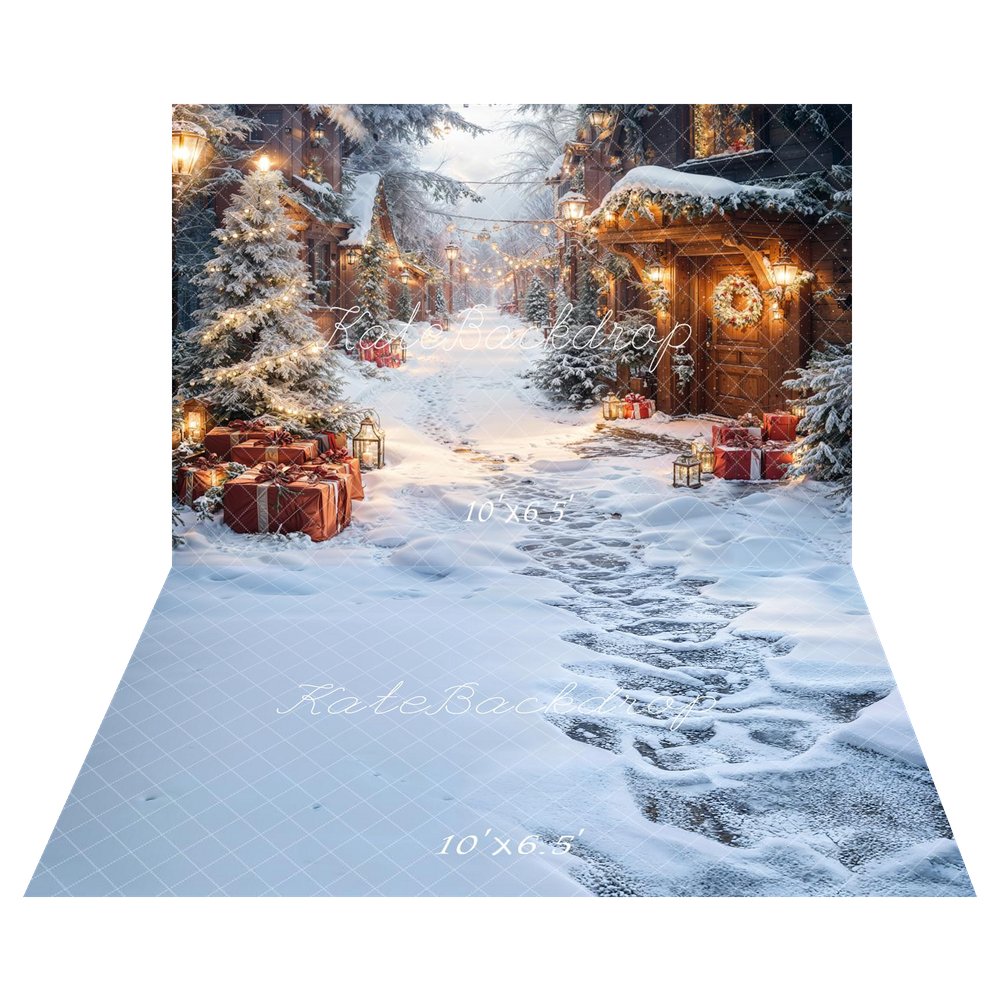 Kate Christmas Snowy Village Pine Trees Gifts Lanterns Backdrop+Winter Snowy Frozen Path Blue Backdrop
