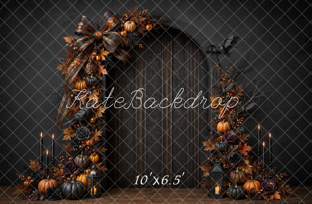 Kate Halloween Black Bow Pumpkin Arch Door Candlelight Gothic Printed Backdrop Designed by Emetselch