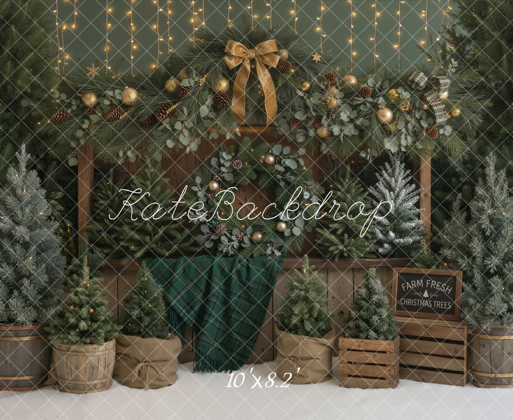 Kate Christmas Tree Farm Rustic Bow Lights Printed Backdrop Designed by Emetselch