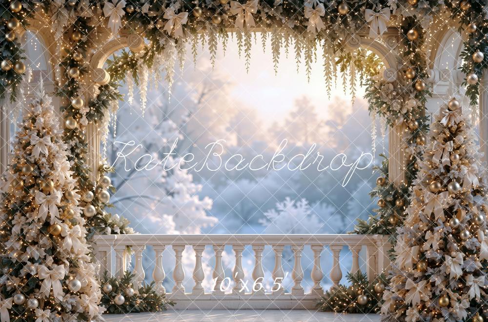 Kate Christmas Balcony White Gold Garland Trees Arch Printed Backdrop Designed by Mini MakeBelieve