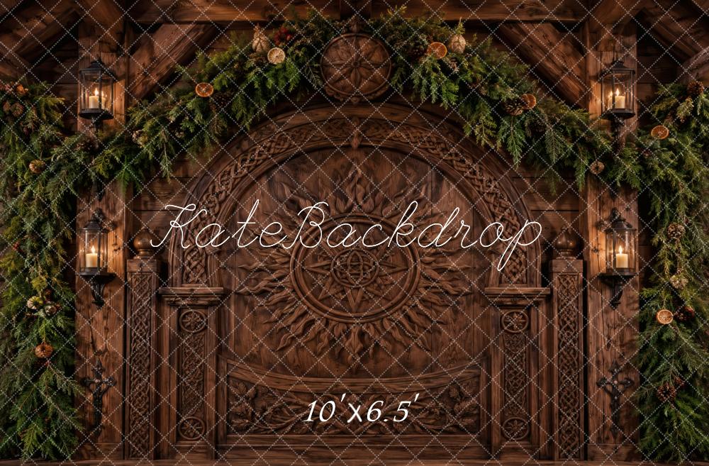 Kate Christmas Celtic Solstice Woodwork Rustic Wooden Door Pine Garland Printed Backdrop Designed by Vertigo Productions