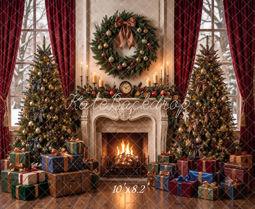 Kate Christmas Trees Fireplace Wreath Gifts Red Curtains Printed Backdrop Designed by Emetselch