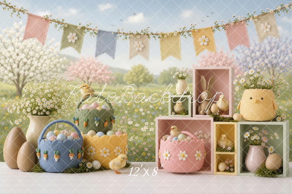 Kate Easter Cake Smash Garden Cute Chick Egg Baskets Wildflowers Printed Backdrop Designed by Ashley Ward