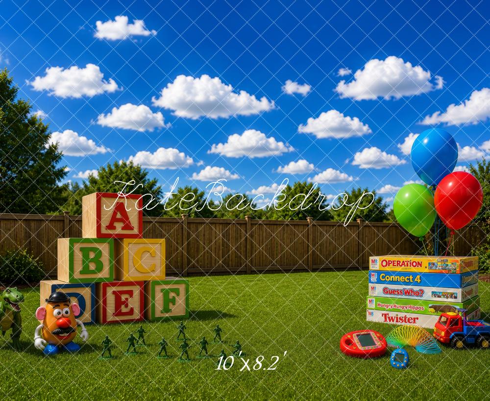 Kate Kids Backyard Toys Balloons Blocks Board Games Printed Backdrop Designed by Megan Leigh Photography