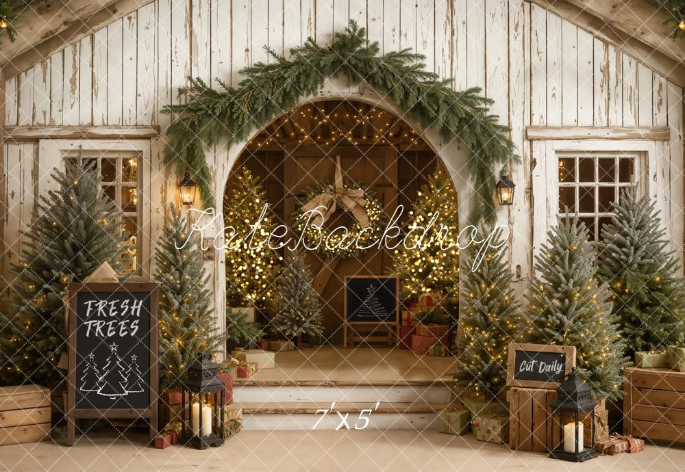 Kate Christmas Rustic Wood Barn Porch Pine Trees Lights Printed Backdr