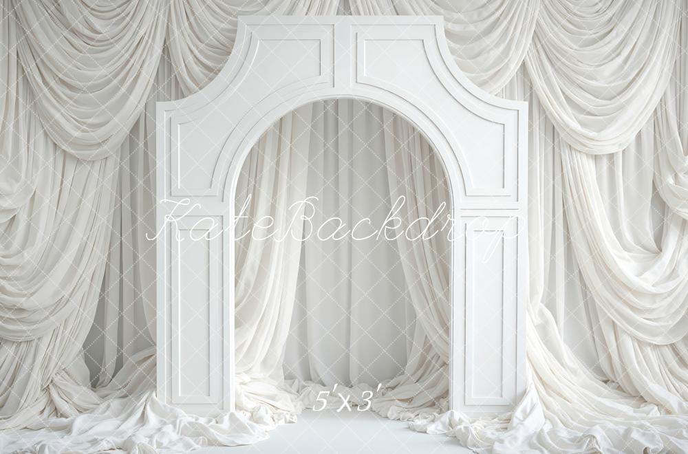 Kate White Arch Decorative Panel Draped Curtains Printed Backdrop Designed by Mini MakeBelieve