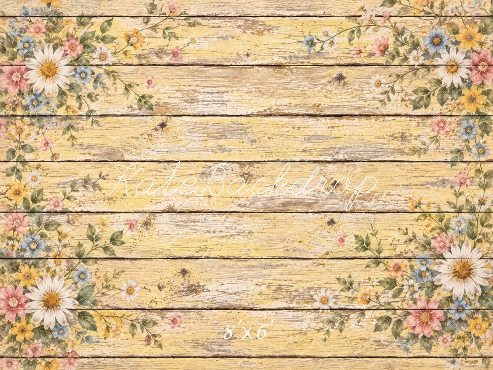 Kate Yellow Vintage Floral Wood Plank Floor Printed Backdrop Designed by Laura Bybee