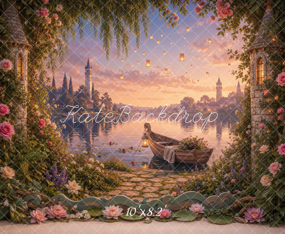 Kate Fairy Fantasy Castle Lake Boat Garden Flowers Sunset Printed Backdrop Designed by Ashley Ward