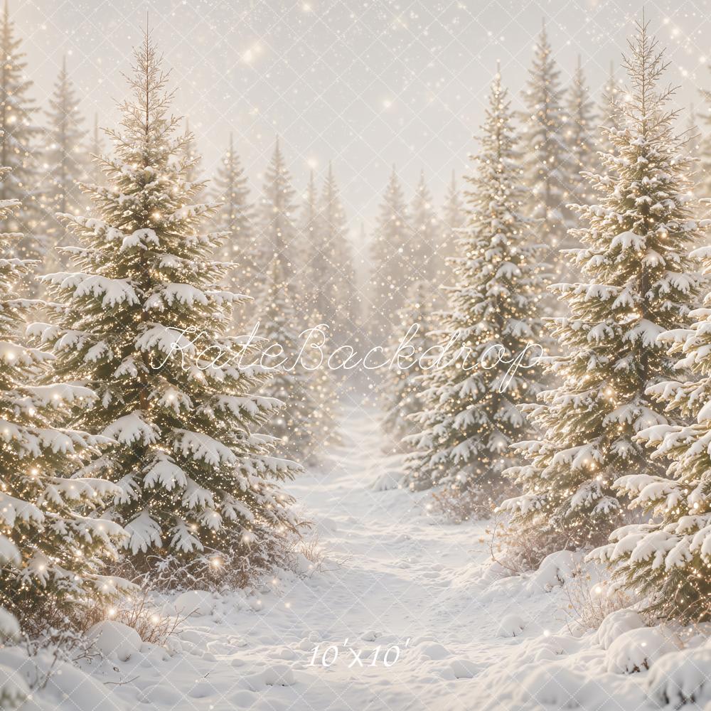 Kate Winter Snowy Pine Forest Sparkling Path Printed Backdrop Designed by Emetselch