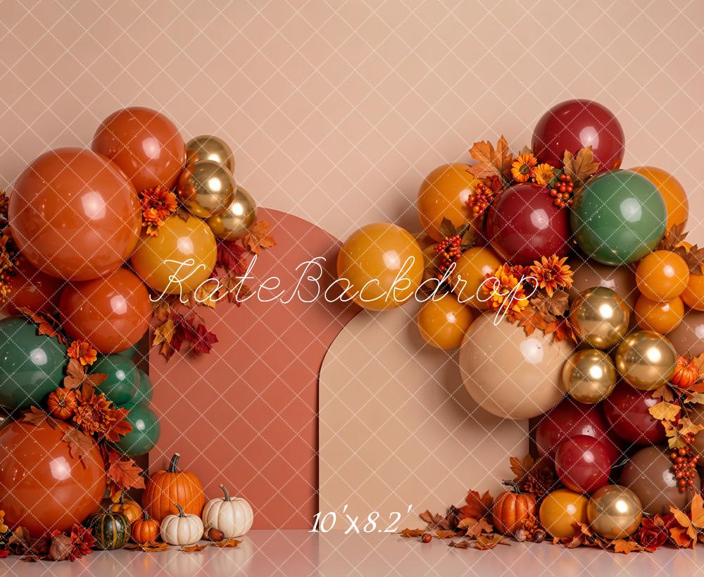 Kate Fall Birthday Balloon Arch Pumpkins Maple Leaves Printed Backdrop Designed by Emetselch