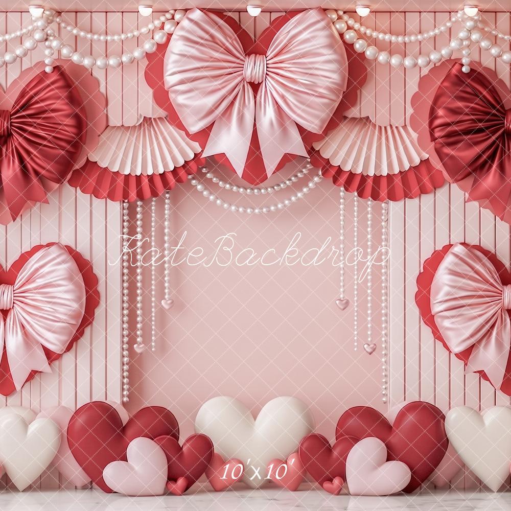 Kate Valentine's Day Pink Heart Satin Bows Pearls Printed Backdrop Designed by Angela Miller