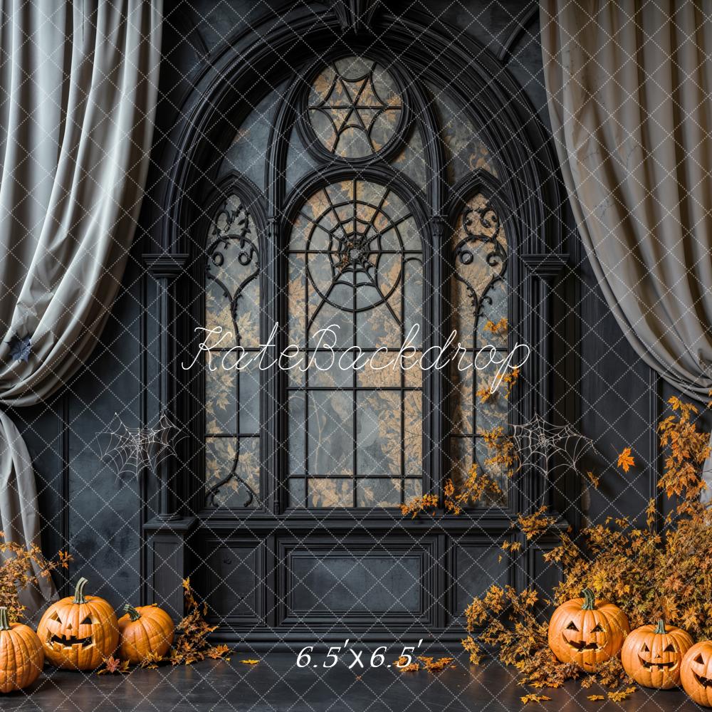 Kate Halloween Gothic Window Pumpkins Cobwebs Curtains Backdrop Designed by Emetselch
