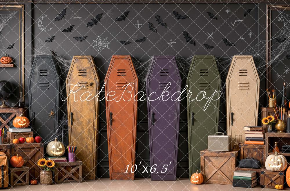 Kate Halloween Coffin Lockers Bats Pumpkin Vintage Black Wall Printed Backdrop Designed by Mini MakeBelieve
