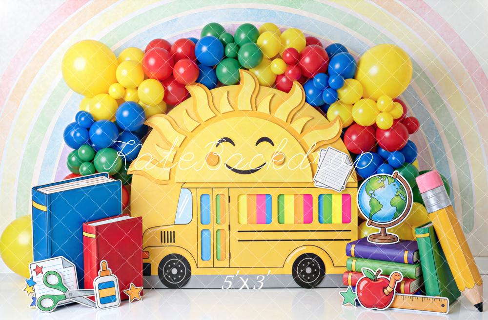 Kate Back To School School Bus Sun Rainbow Printed Backdrop Designed by Mini MakeBelieve