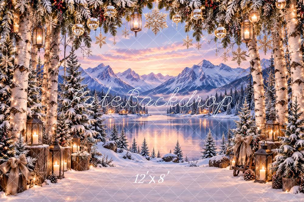 Kate Christmas Snowy Trees Mountain Lake Lanterns Printed Backdrop Designed by Laura Bybee