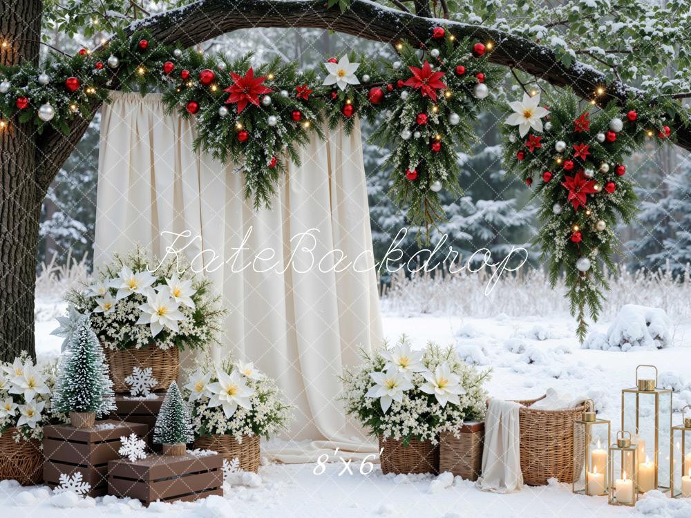 Kate Christmas Branch Arch Garland White Poinsettia Outdoor Snow Printed Backdrop Designed by Mini MakeBelieve