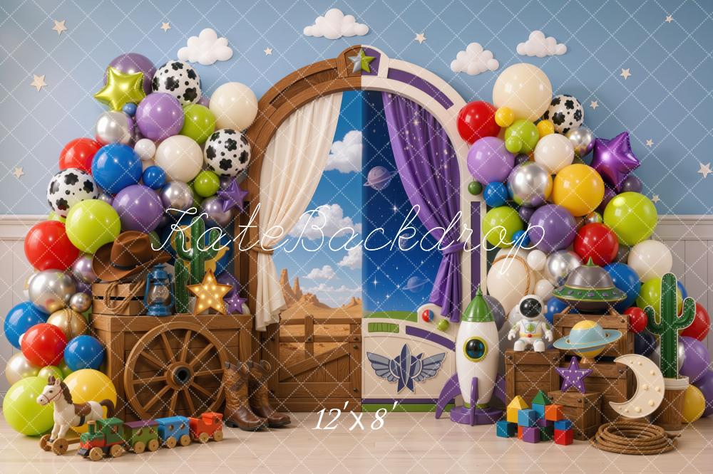 Kate Cake Smash Cowboy And Space Toys Balloon Arch Blue Wall Printed Backdrop Designed by Mini MakeBelieve