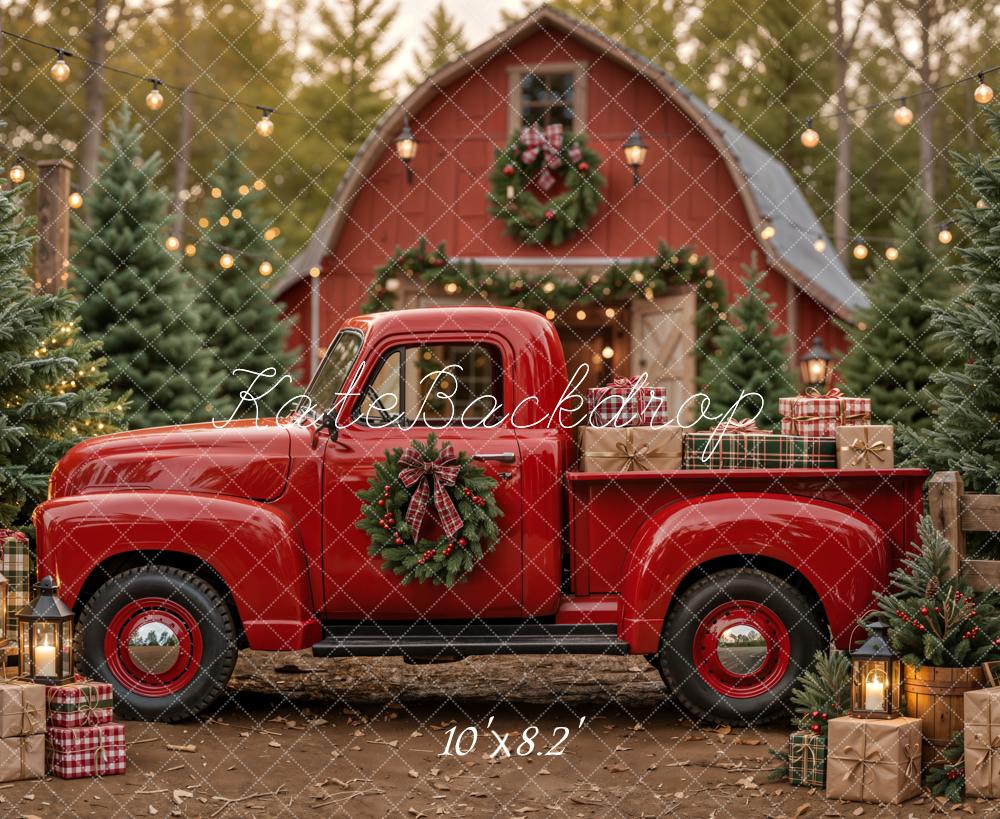 Kate Christmas Red Truck Barn Printed Backdrop Designed by Emetselch