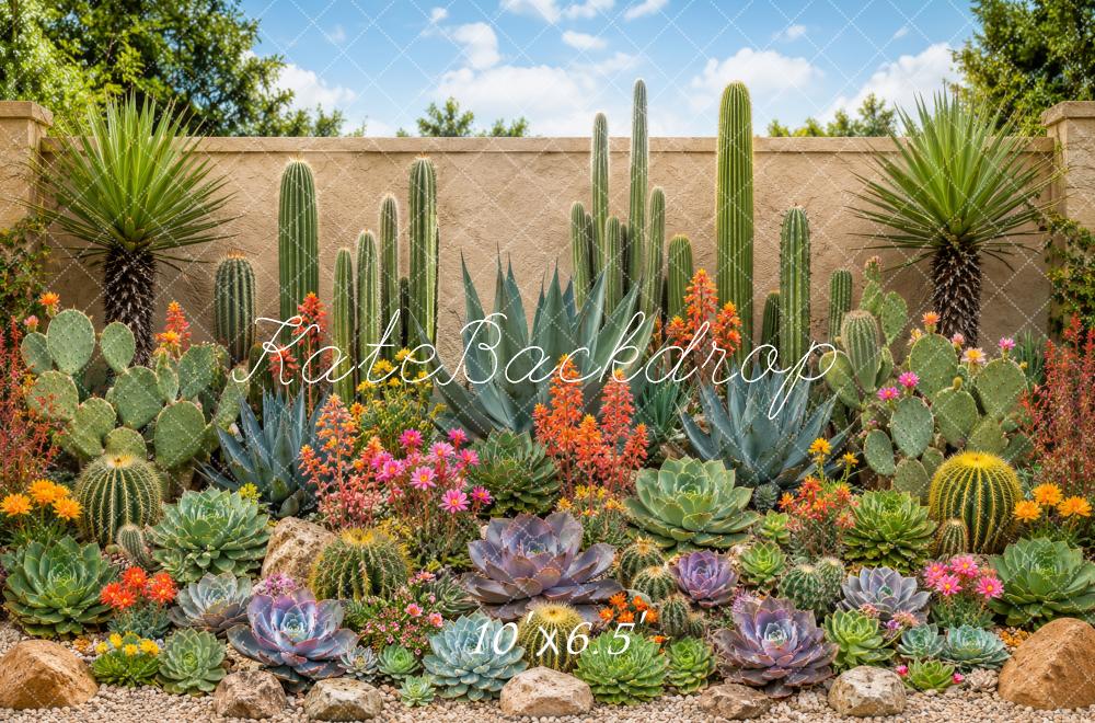 Kate Outdoor Cactus Succulent Garden Stone Wall Printed Backdrop Designed by Megan Leigh Photography