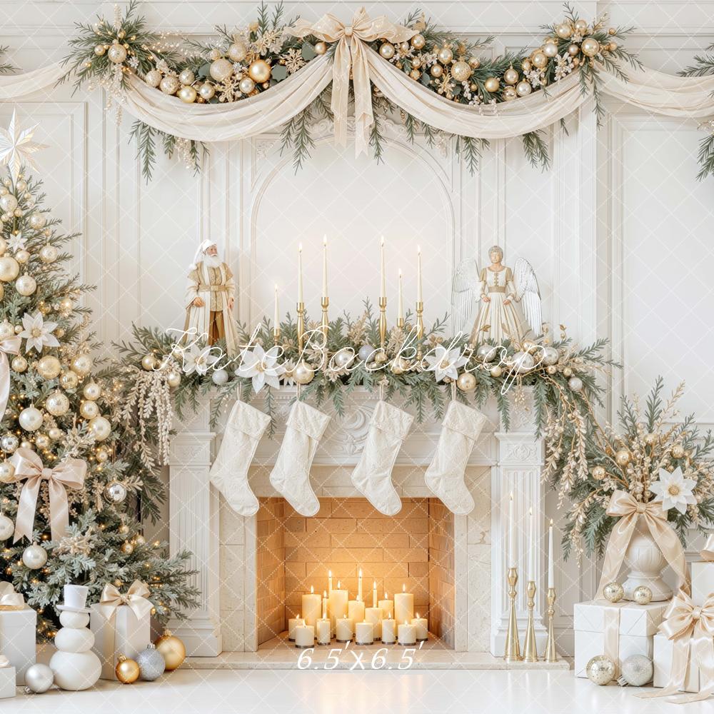 Kate Christmas White Gold Tree Mantel Fireplace Garland Printed Backdrop Designed by Mini MakeBelieve