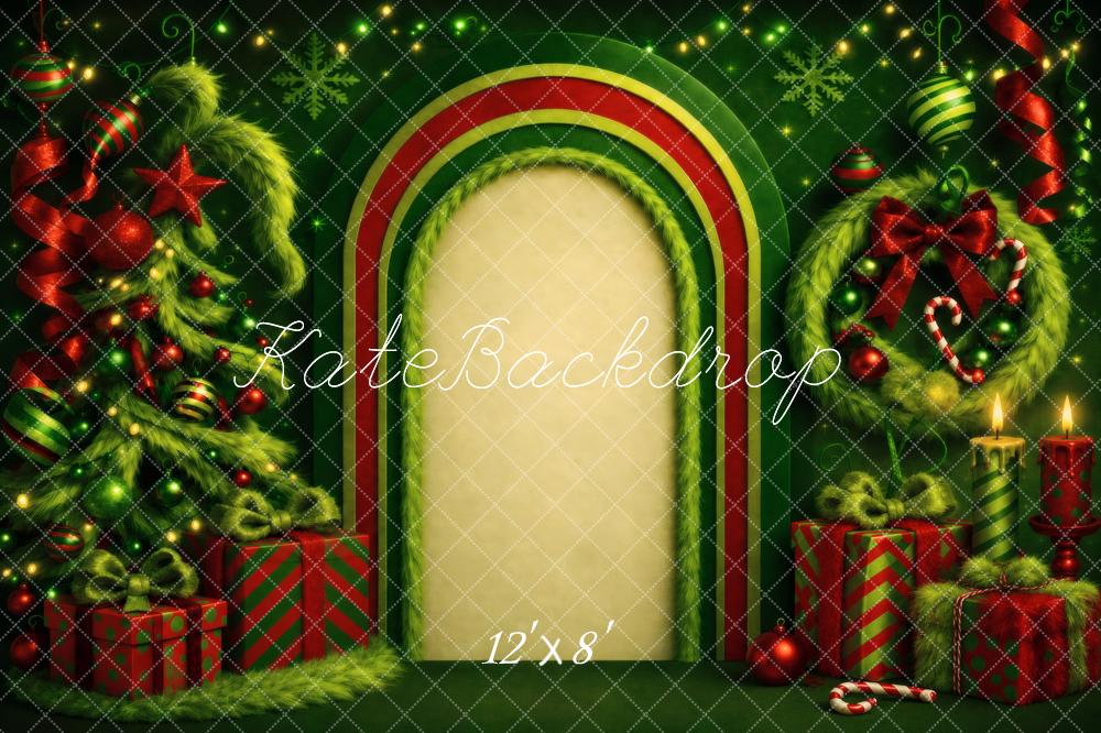 Kate Christmas Whimsical Green Arch Tree Wreath Candles Gifts Printed Backdrop Designed by Vertigo Productions