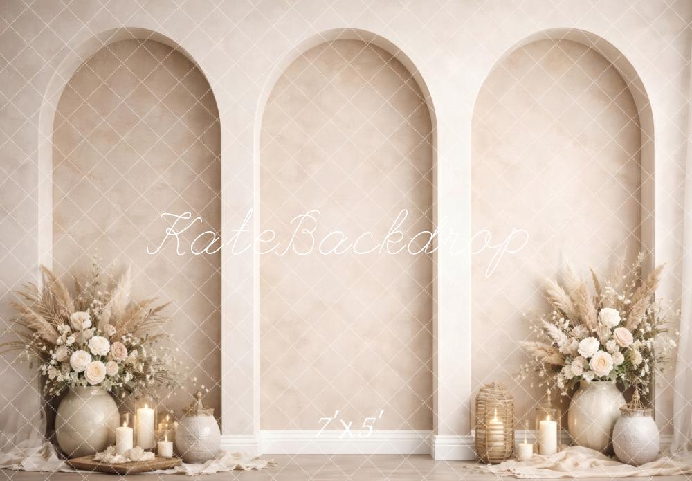 Kate Boho Arch Floral Arrangement Candles Beige Printed Backdrop Designed by Vertigo Productions
