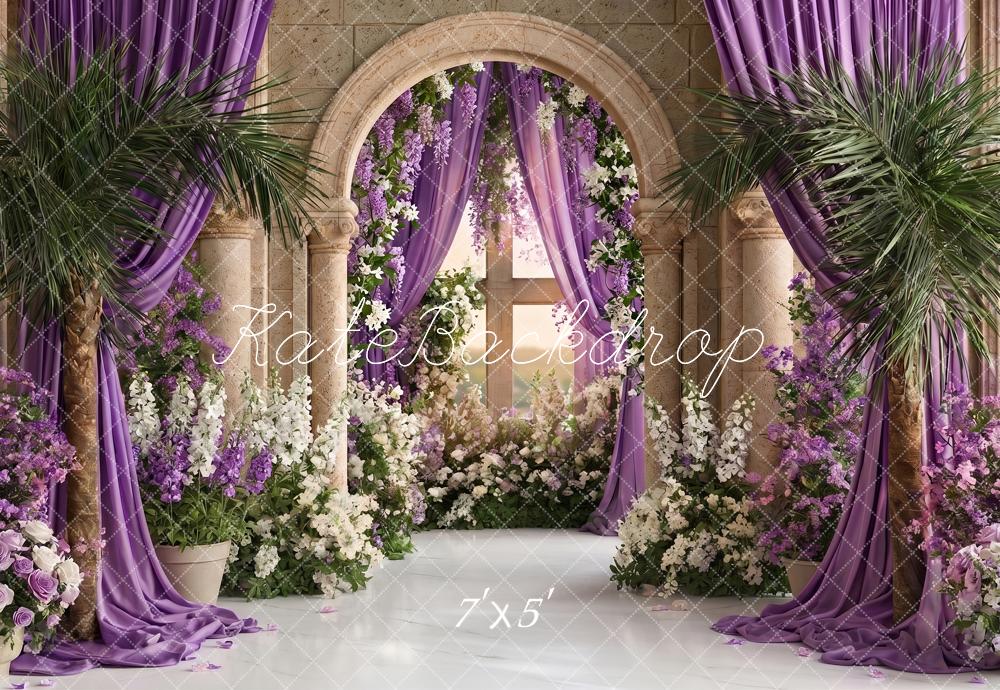 Kate Church Stage Cross Purple Flower Arch Stone Columns Printed Backdrop Designed by Angela Miller